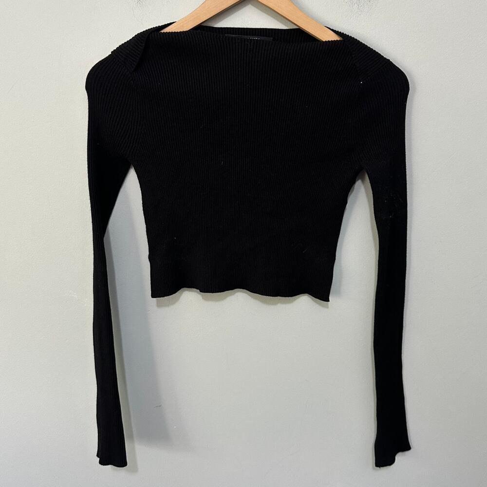 All Saints Crop Top Womens XS Black Ribbed Knit Minimalist Modern Coquette
